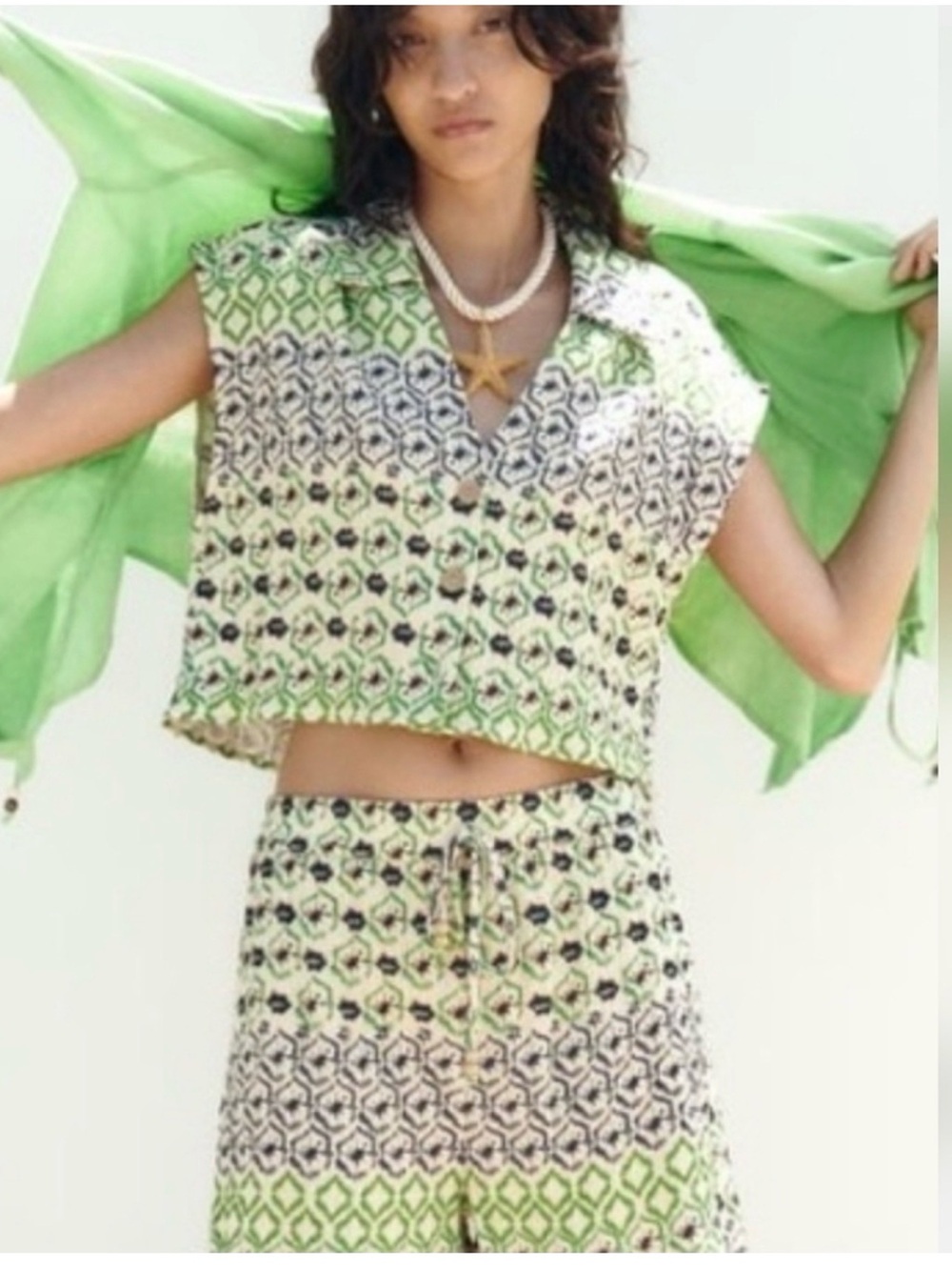 Zara cream top with navy and green print SET